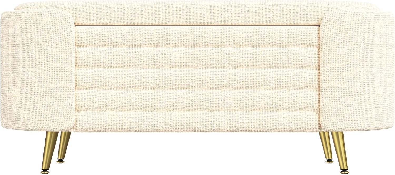 Modern Oval Chenille Storage Ottoman Bench, Beige Upholstered Cushioned Storage Bench with Sturdy Metal Legs, Large Hidden Interior Storage, Multi-Functional End of Bed Shoe Bench