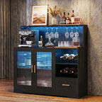Wine Bar Cabinet with LED Lights Power Outlet Liquor for Home Black | Storage drawer, glass holders, wine racks, adjustable shelves, acrylic door, P2 MDF, for living room kitchen, modern design