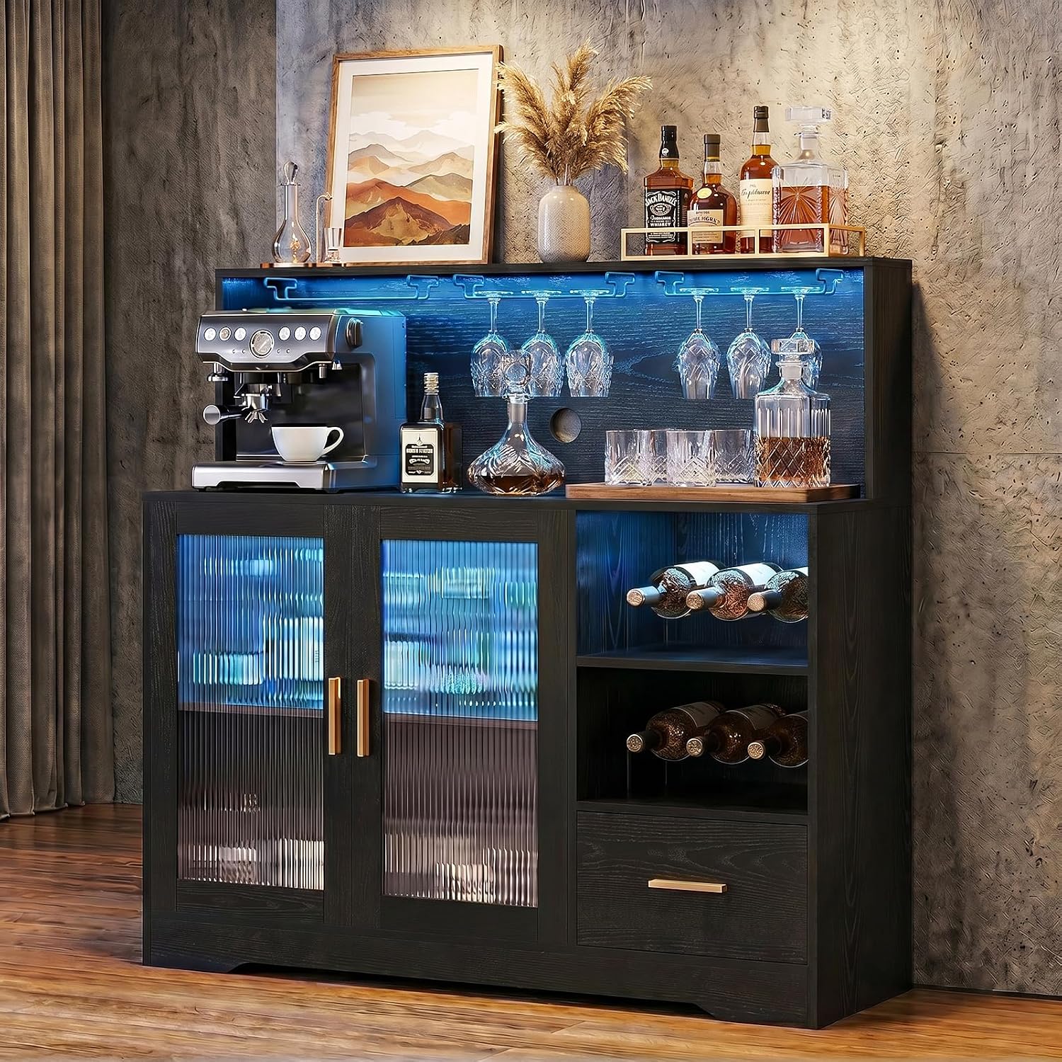 Wine Bar Cabinet with LED Lights Power Outlet Liquor for Home Black | Storage drawer, glass holders, wine racks, adjustable shelves, acrylic door, P2 MDF, for living room kitchen, modern design