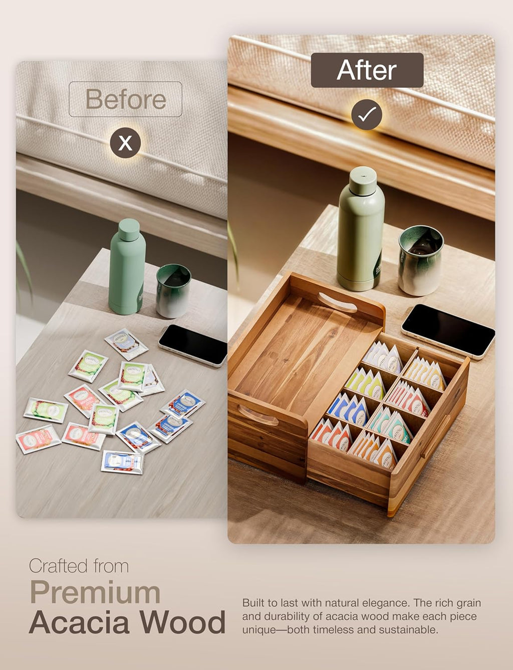 Tinamo Acacia Wooden Tea Box Organizer with Drawer – Tea Chest for Tea Bags Storage – Tea and Coffee Organizer - Wooden Tea Tray and Containers for Countertop Display (Acacia)