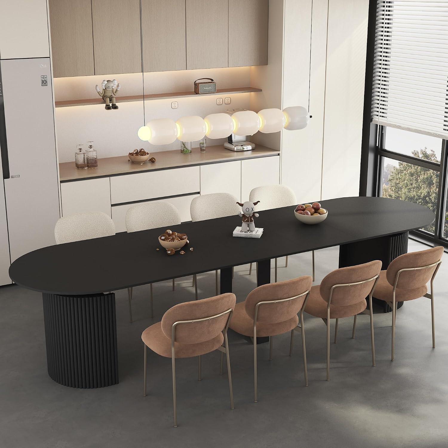 SSLine Oval Extendable Dining Table for 4-14 People, 44"-132" Extra-Long Expandable Kitchen Table with Fluted Base, Modern Large Extendable Table for Gatherings, Meeting, Dining Office Areas (Black)