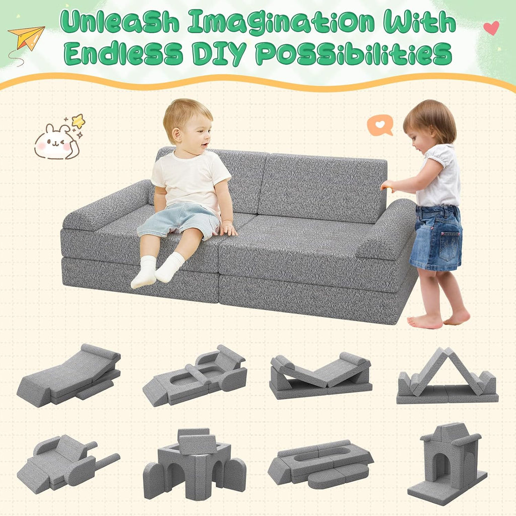 Modular Kids Play Couch with Washable Covers – Foam Toddler Sofa for Creative Play, Climbing, and Lounging – Convertible Kid Sofa Play Furniture for Kids Room or Nursery (Grey)