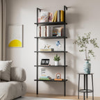 Flamaker 5-Tier Bookshelf Wall Mount Ladder Bookcase Industrial Standing Corner Bookshelf with Wood Board and Metal Frame, Modern Tall Narrow Storage Organizer for Home Office (Black, 2 piece)
