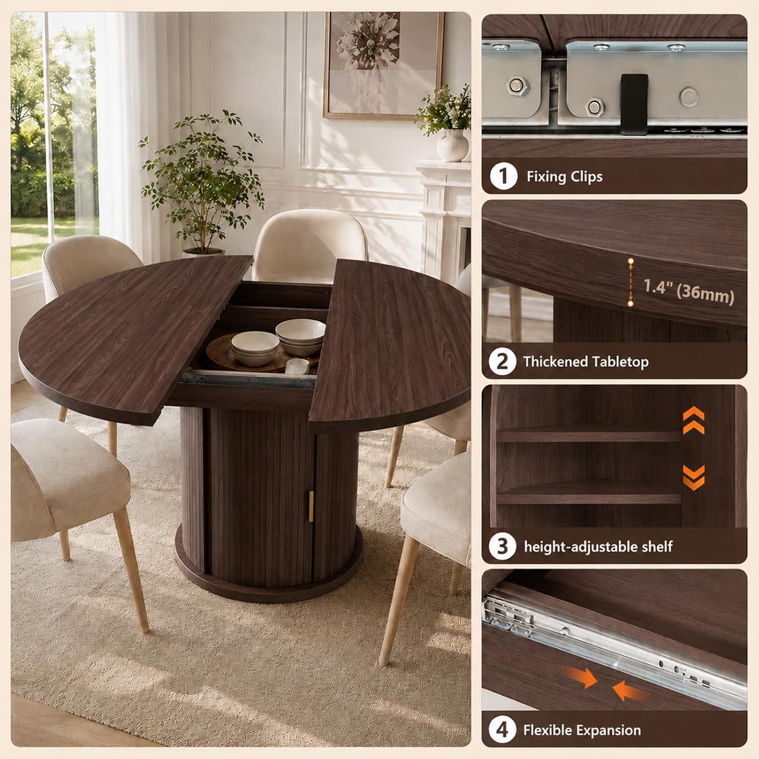 47 63" Extendable Round Wooden Dining Kitchen Table | 4-8 Seat Height Adjustable Shelf,23.6" Dust-Proof Storage Sturdy Pedestal Base,1.2" MDF Tabletop, Apartment,Natural