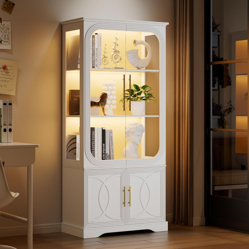 2pc Wood Display Cabinet with Glass Doors, 69" Tall Curio Cabinet with LED Lights, Glass Display Case with Storage and 3 Shelves for Living Room, (White-2)