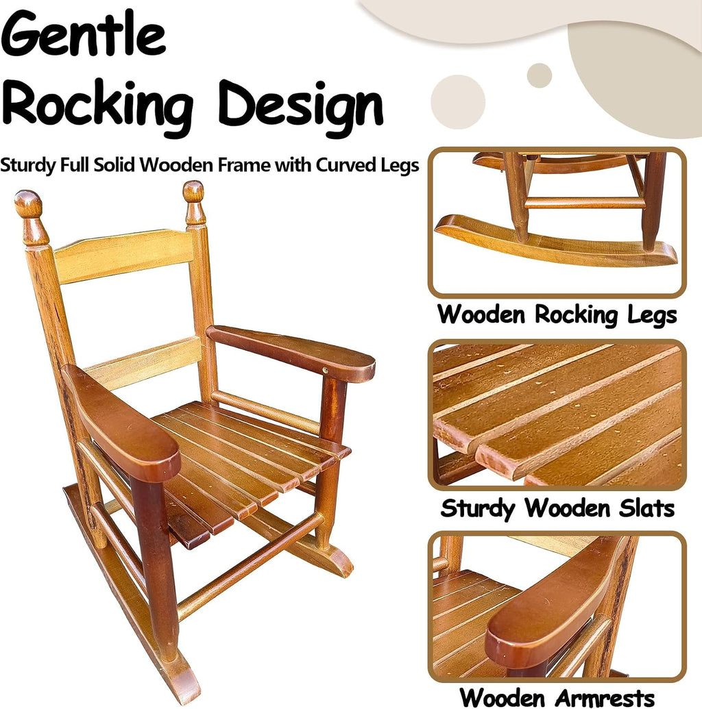 HRVEOCEI Kids Rocking Chair Ages 3-5, Wooden Porch Rocker with Slatted Back Support for Living Room Indoor & Outdoor, Easy Assembly (Oak)