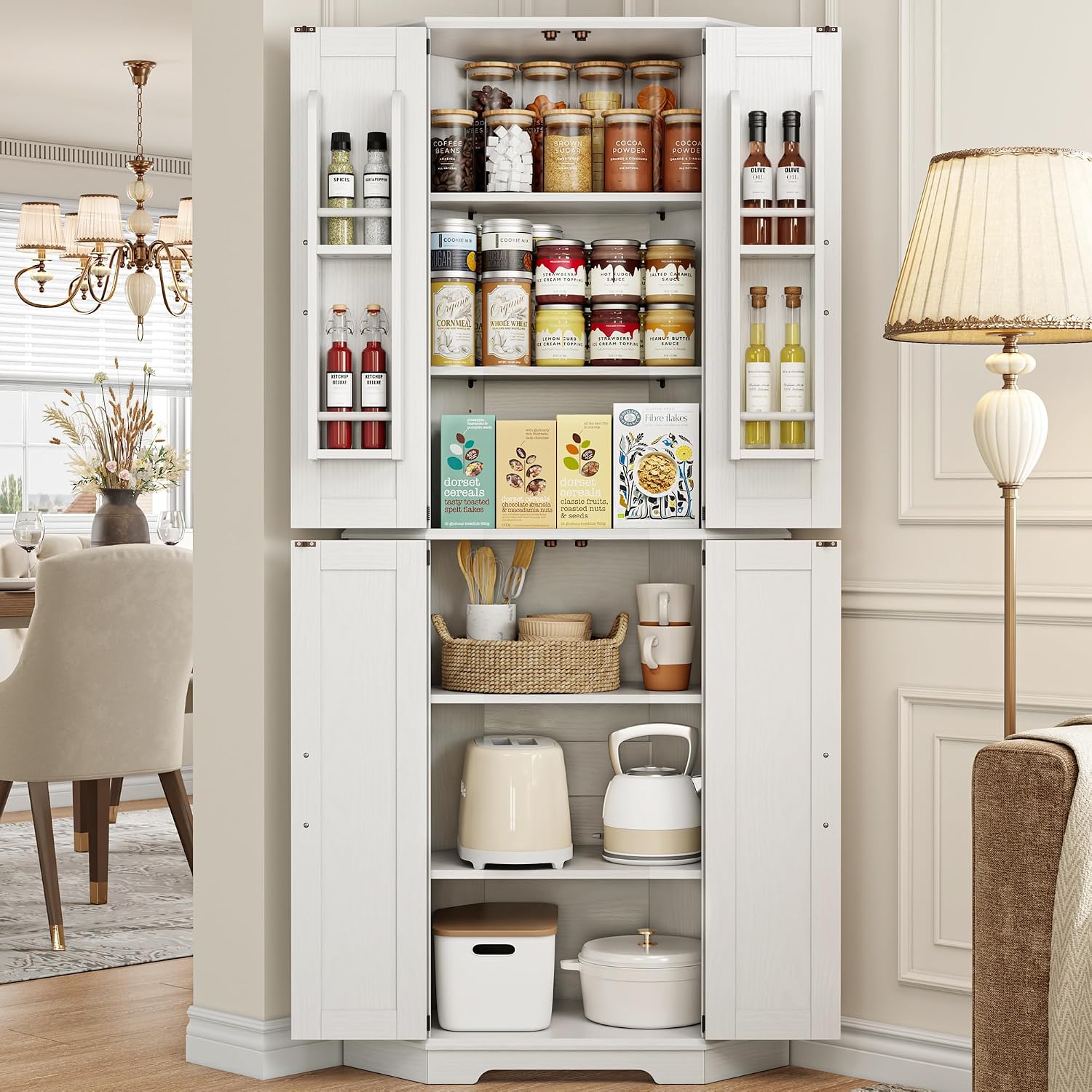 IRONCK Corner Cabinet, 72" Kitchen Pantry Cabinet, 6-Tier Freestanding Farmhouse Pantry with 2 Adjustable Shelves, 240°Swivel Doors, 2 Doors Storage, Spacious Hutch for Kitchen, Living Room, White