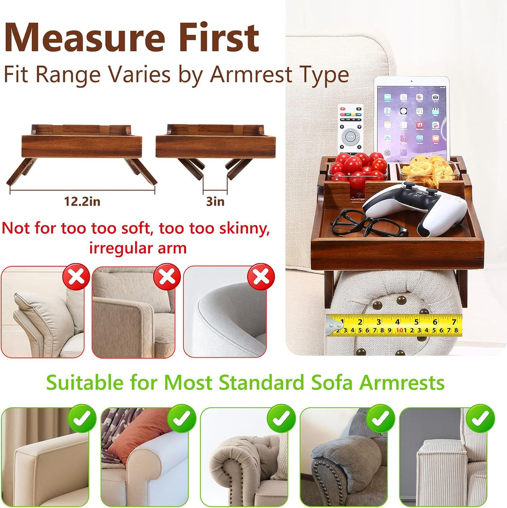 Couch Arm Table with Dual Cup Holders, Acacia Wood Sofa Arm Tray | Fits armless sofas & sectionals, foldable tray for drinks, snacks & remotes, storage slots for neat organization,15.35"x9.85"