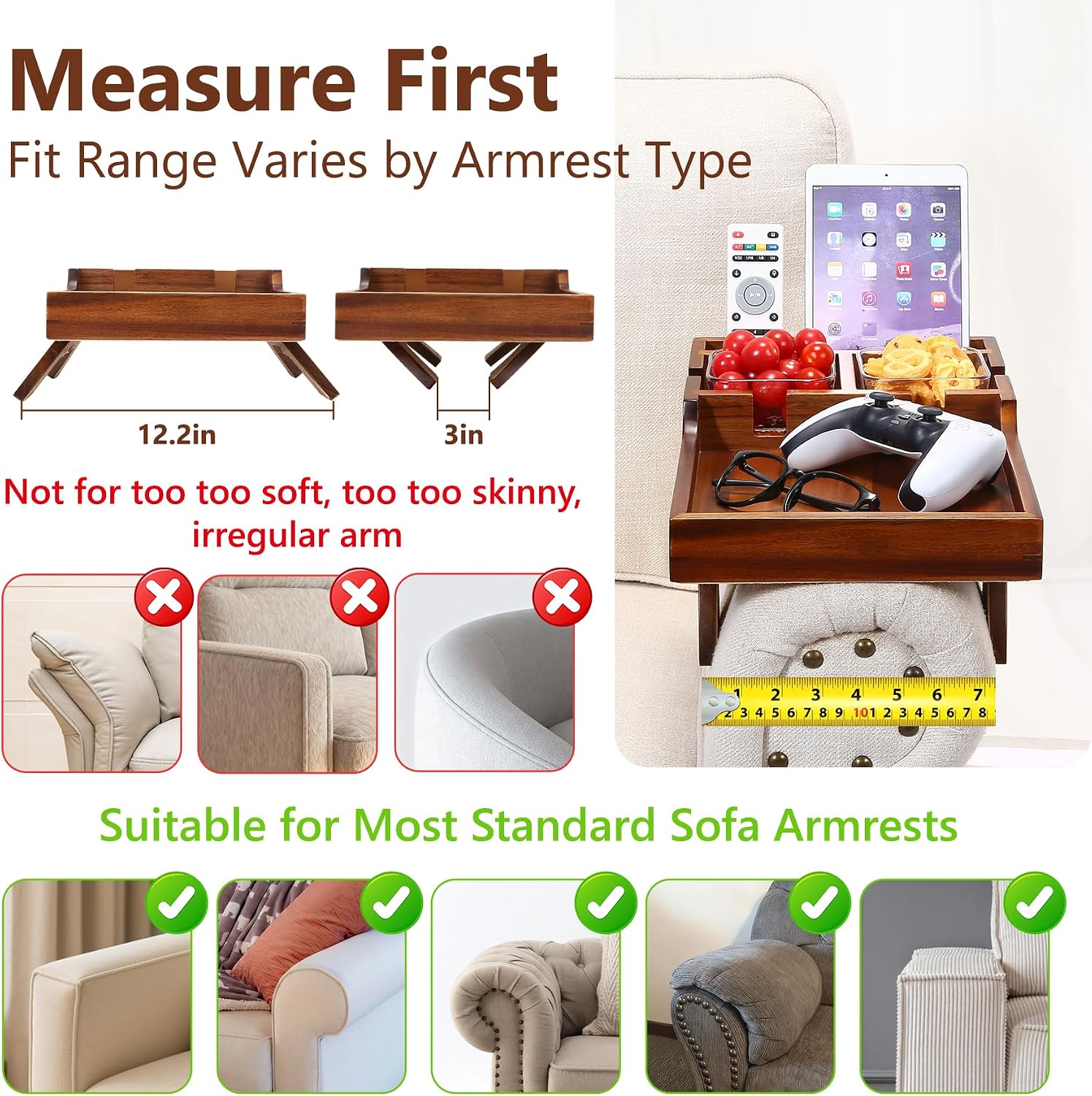 Couch Arm Table with Dual Cup Holders, Acacia Wood Sofa Arm Tray | Fits armless sofas & sectionals, foldable tray for drinks, snacks & remotes, storage slots for neat organization,15.35"x9.85"