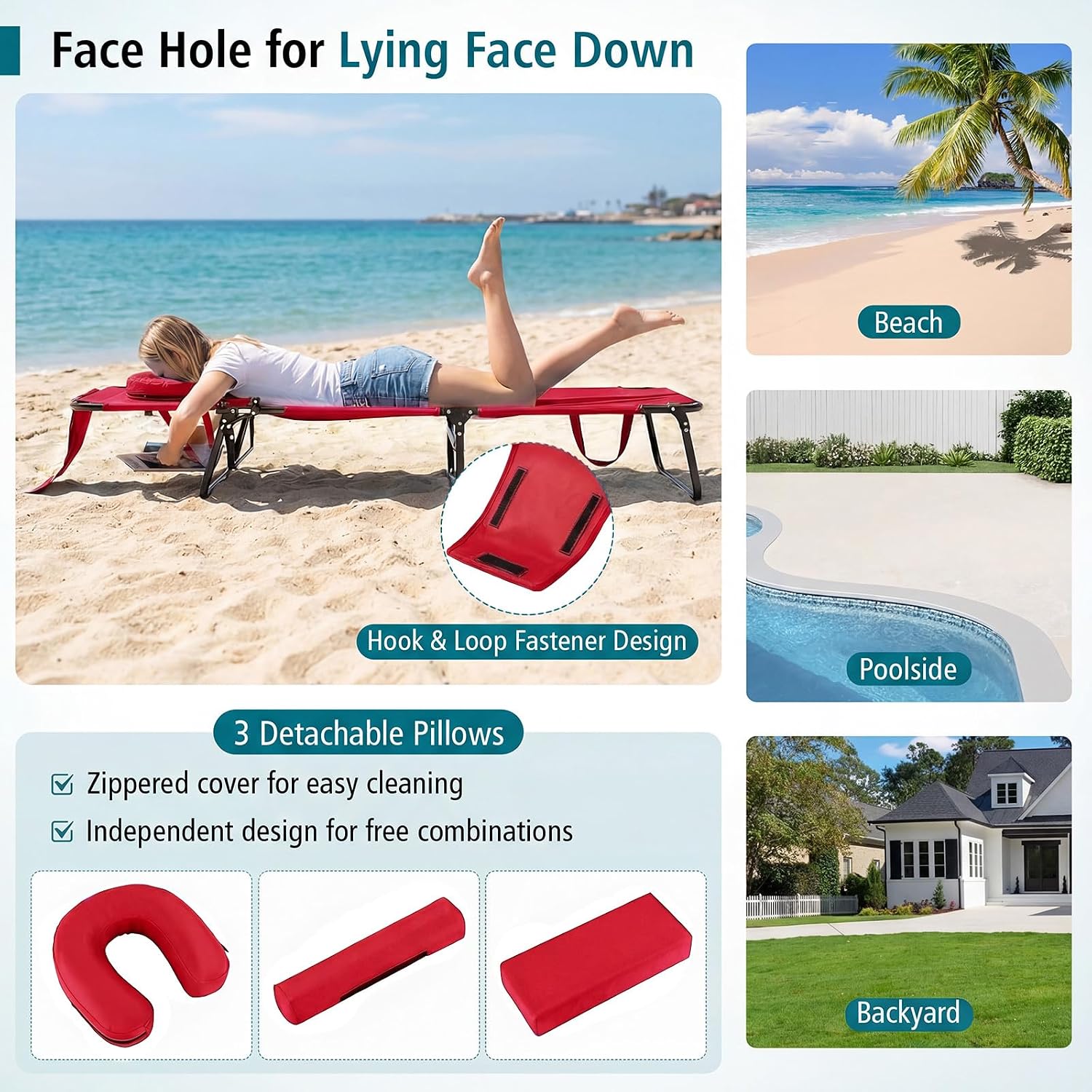 Goplus Tanning Chair, Folding Beach Lounge Chair with Face Hole, Removable Pillow, Carry Strap, Position Adjustable, Sunbathing Chair, Portable Outside Lounge Chair for Patio Pool (1, Red)