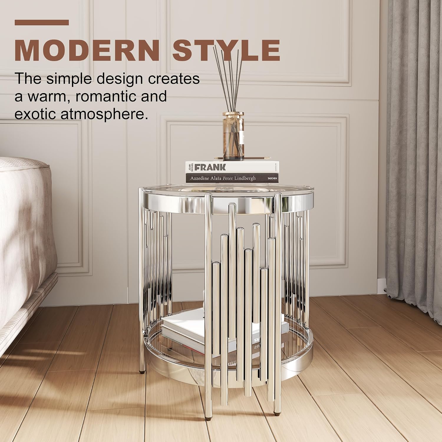 Round Glass End Table, 2-Tier Small Side Table with Tempered Glass Top and Sliver Stainless Steel Legs, Elegant Sofa Accent Table for Living Room, Bedroom, Easy to Assembly