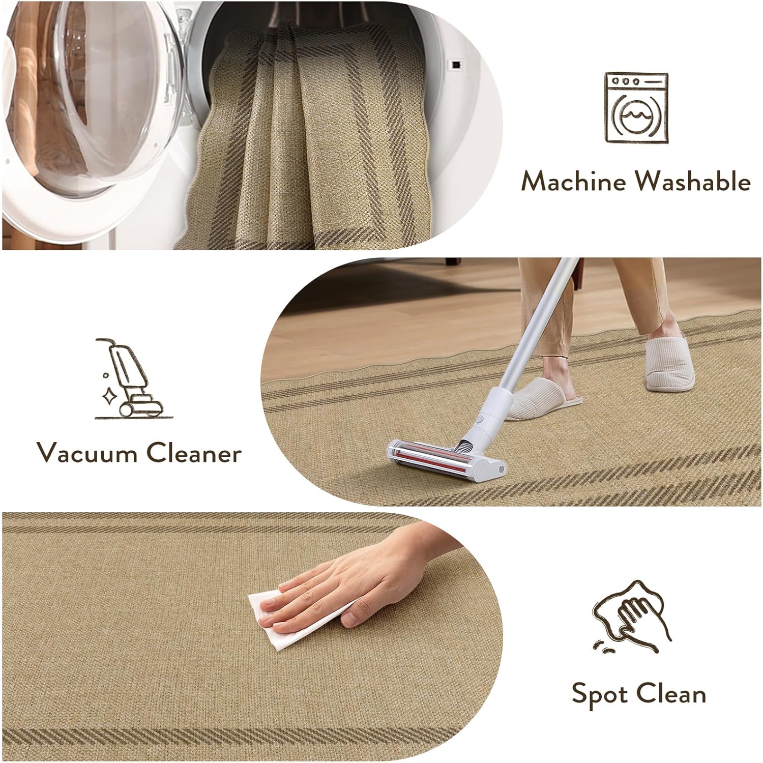 LIVEBOX Scalloped Easy Jute 2x5 Runner Kitchen Rug, Washable Non Slip Tan Rugs for Entryway Hallway, Indoor Outdoor Rug Geometric Farmhouse Carpet Door Mat Runners for Porch Bedroom Laundry Room