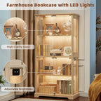 LELELINKY Farmhouse Corner Display Cabinet with Glass Doors, Corner Curio Cabinet with 3-Color LED Motion-Sensor Light, Reinforced Base, Natural