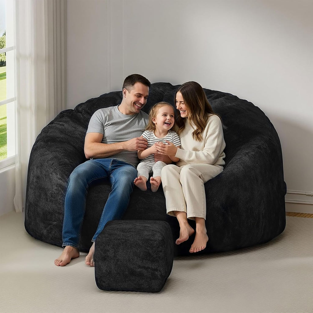 5FT Bean Bag Chairs for Adults with Ottoman, Big Beanbag Chairs with Filler Memory Foam & Machine Washable Cover, Suitable for Bedrooms, Living Rooms, Leisure Reading Black