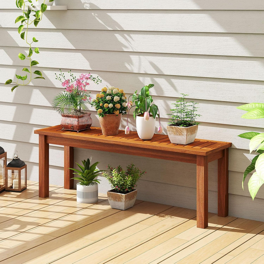 Tangkula Outdoor Wood Bench, 2-Person Backless Patio Garden Bench with Slatted Seat, Front Porch Dining Seating Furniture for Deck, Yard and Park (1)