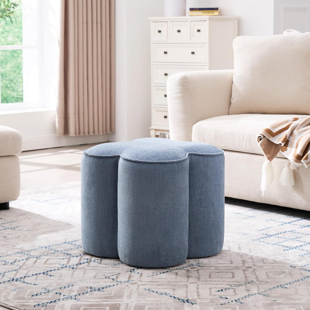 Zesthouse Flower Pouf Ottoman Foot Rest, Linen Fabric Poofy Ottoman Footstool for Couch Sofa, Modern Living Room Stool Seat for Under Entry Table, Cute Square Vanity Stool for Bedroom Dorm, Blue
