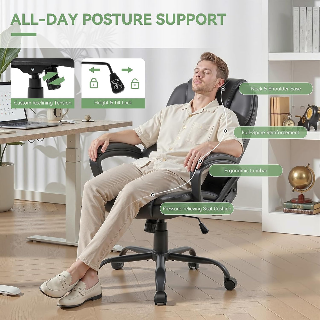 Ergonomic Office Chair with High Back, Comfy Desk Chair, Adjustable Executive Office Chair for Home Office, Big and Tall Computer Chair Heavy Duty, 360° Swivel, Faux Leather Black