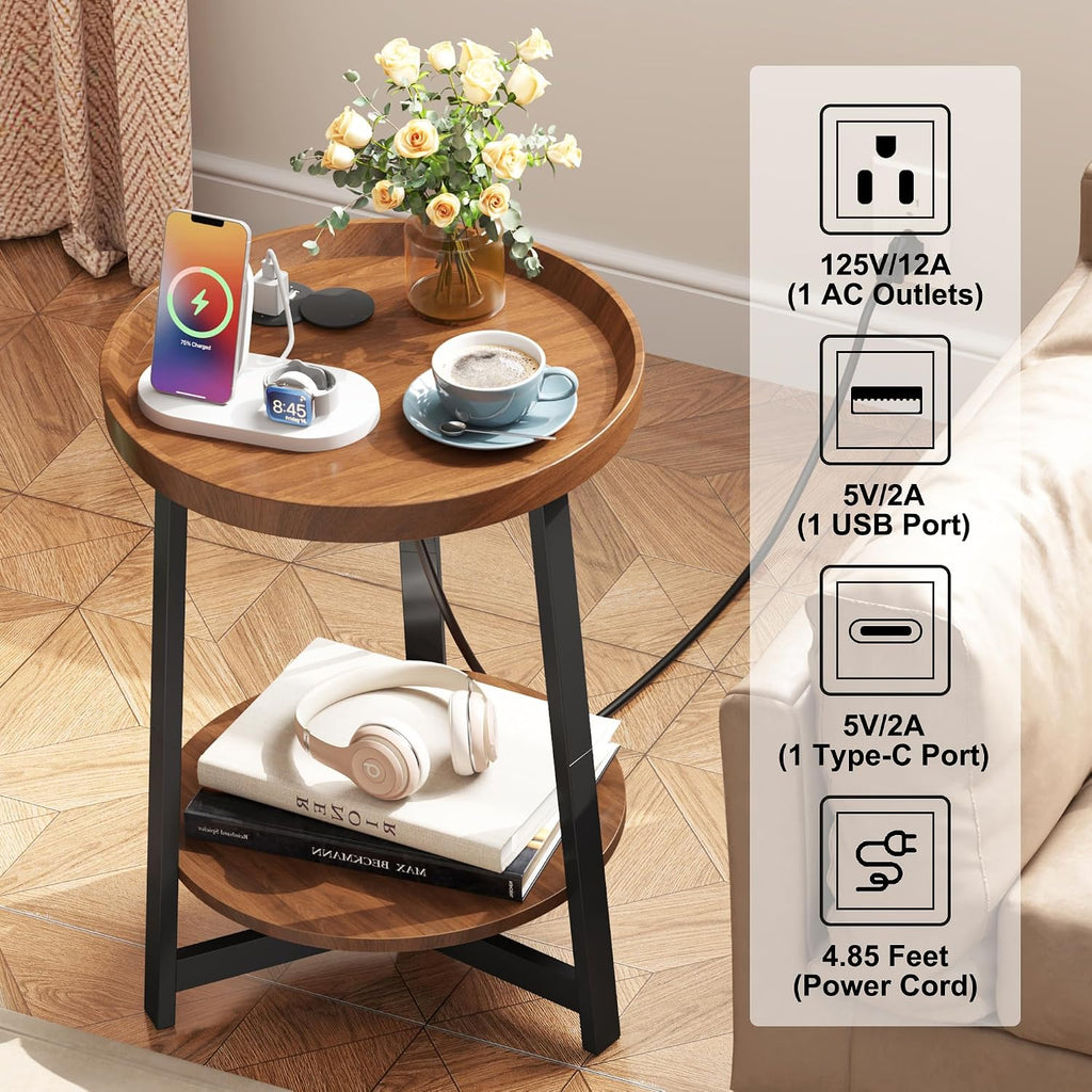 2-Tier Round End Table with Charging Station and Industrial Sofa Side Table,Raised Tabletop with Triangular Metal Frame for Small Spaces, Living Room, Bedroom,Cherry