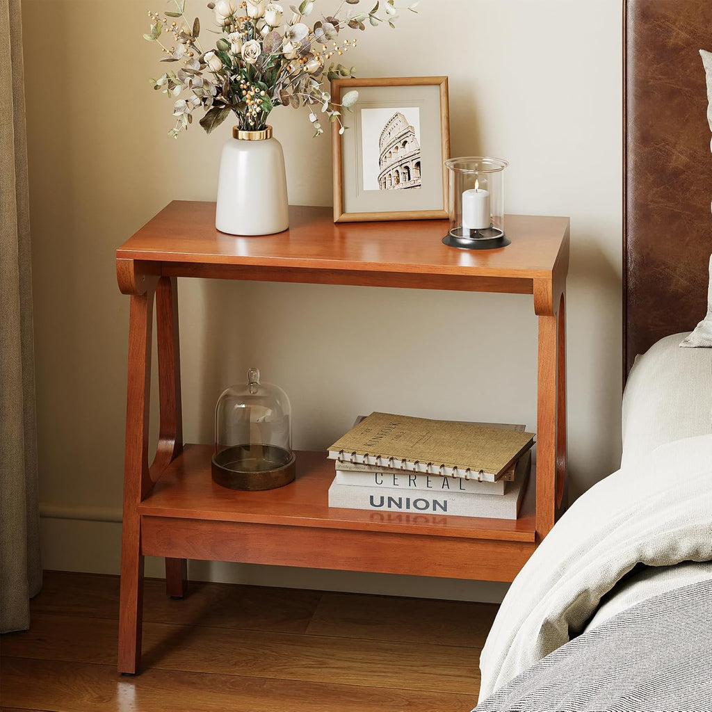 LITTLE TREE Solid Wood End Table, Small Wooden Side Table with Narrow 2-Tier Shelves, Slim End Tables for Small Spaces, Bedside Table for Bedroom,Living Room,Bathroom, Entryways (23.6" W x 11.8" D)