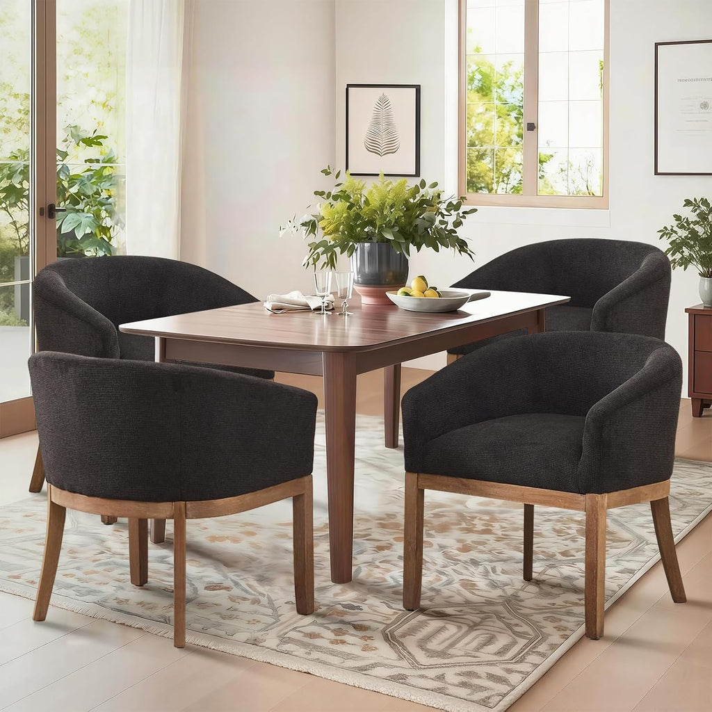 SoarFlash Modern Upholstered Barrel Dining Chair Set of 2, Natural Hardwood Frame, Farmhouse Linen Chairs for Dining Room, Kitchen(Black)