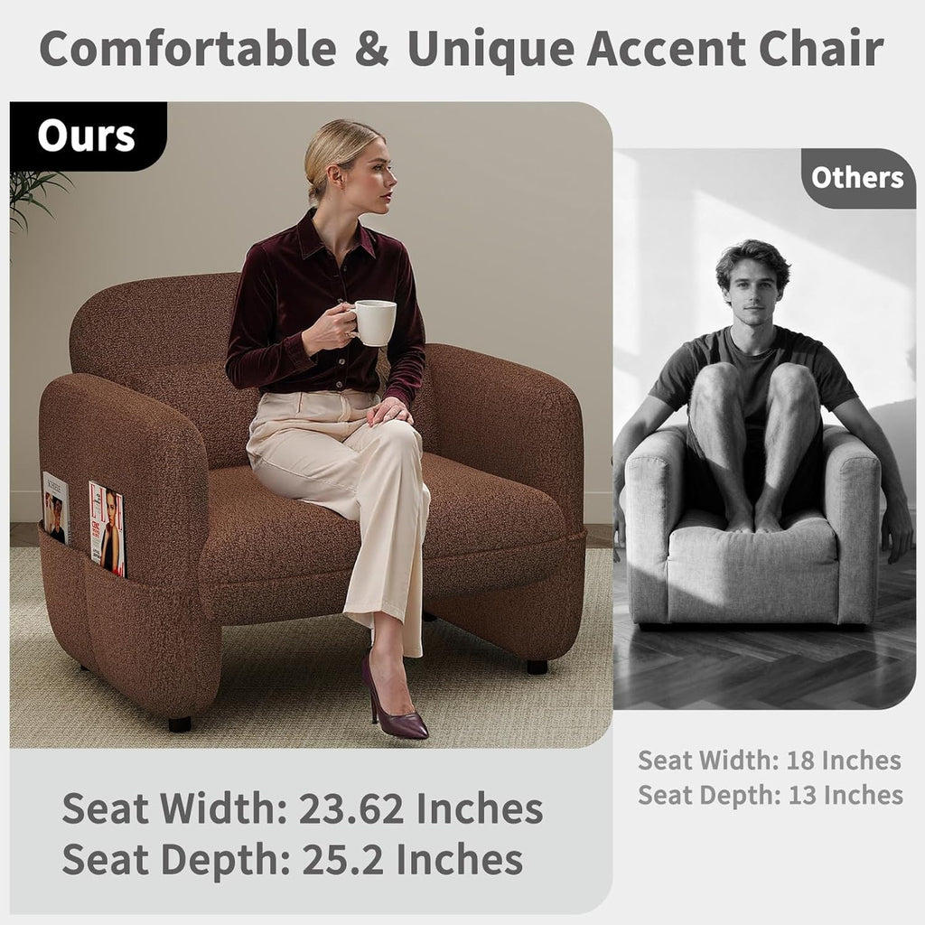 33.46" Accent Chairs Set of 2, Comfy Living Room Reading Chairs, Oversized Sherpa Lamb Lounge arm Chair with Waist Pillow for Bedroom and Living Room (Dark Brown)