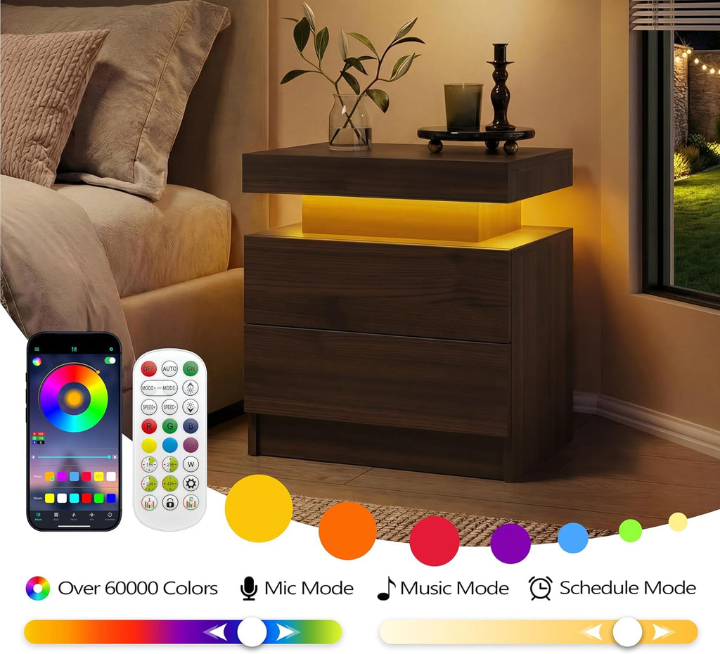 i-aplus Brown Modern LED Nightstand Set of 2 with 2 Wood Drawer for Bedroom | Nightstands with App-Controlled RGB LED Lights, Night Stand with Storgae Drawer, Modern Bedside Table for Bedroom