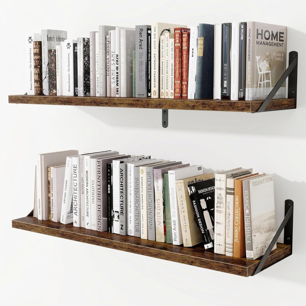 Deep Wall Shelves 36"W x 8"D Engineered Wood Floating Shelves for Wall, Sturdy Metal Bracket Bookshelves Home Decor Storage for Living Room Bedroom Bathroom Kitchen, Set of 2, Rustic Brown Finish