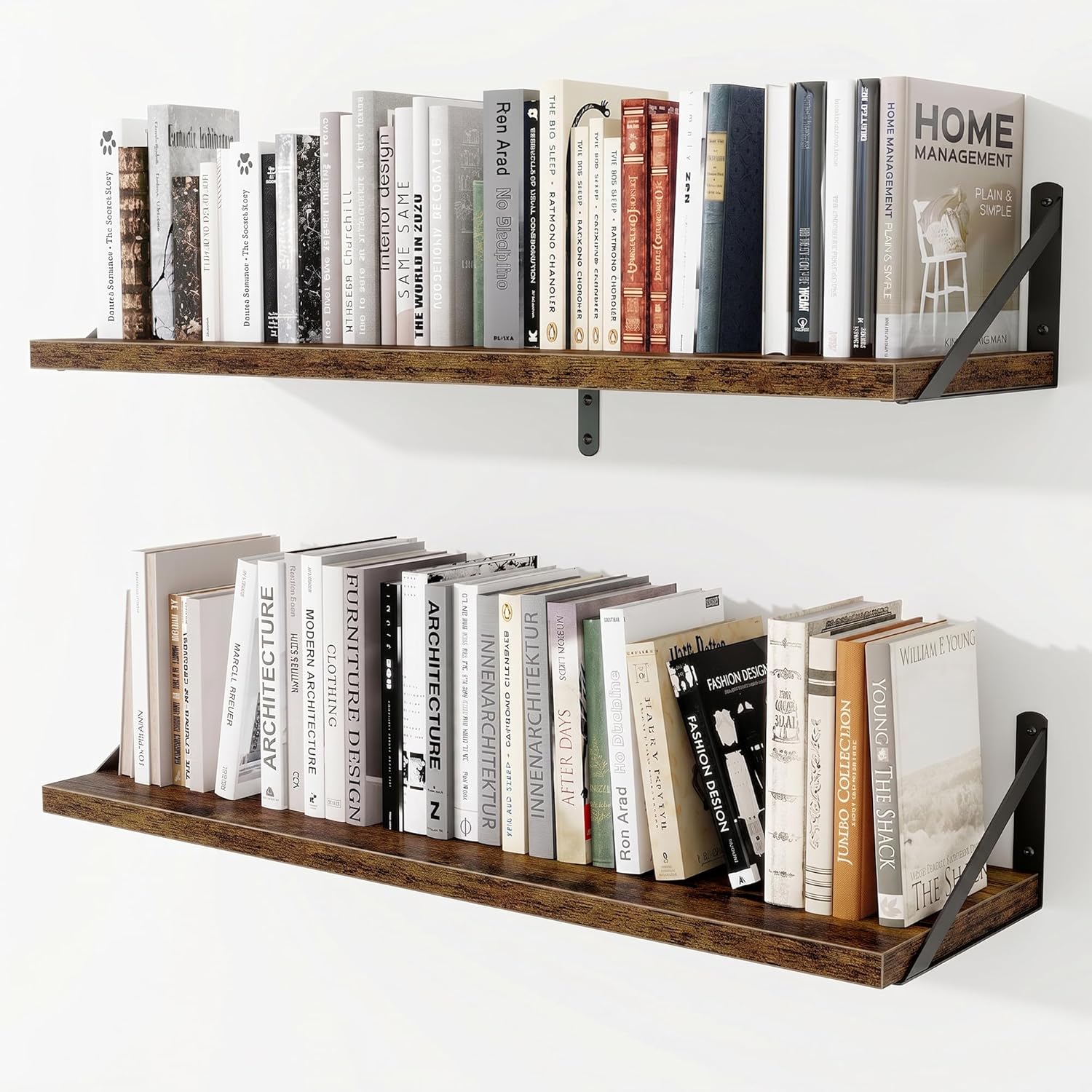 Deep Wall Shelves 36"W x 8"D Engineered Wood Floating Shelves for Wall, Sturdy Metal Bracket Bookshelves Home Decor Storage for Living Room Bedroom Bathroom Kitchen, Set of 2, Rustic Brown Finish