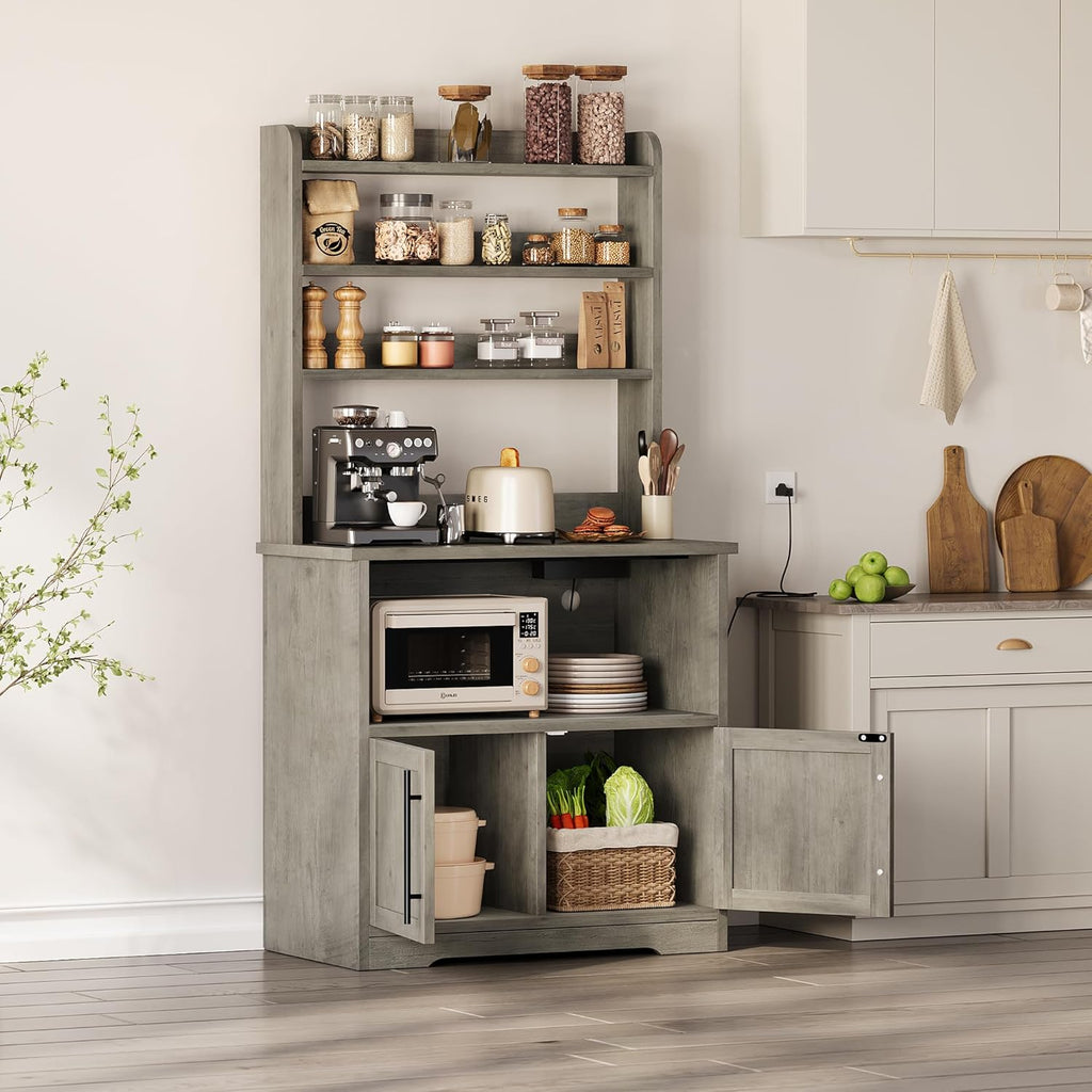 Takywep Kitchen Bakers Rack with Power Outlet, Microwave Oven Stand with Operation Table, Tall Versatile Storage Shelf with Cabinet, Coffee Bar Cabinet for Dining Room, Kitchen, Gray