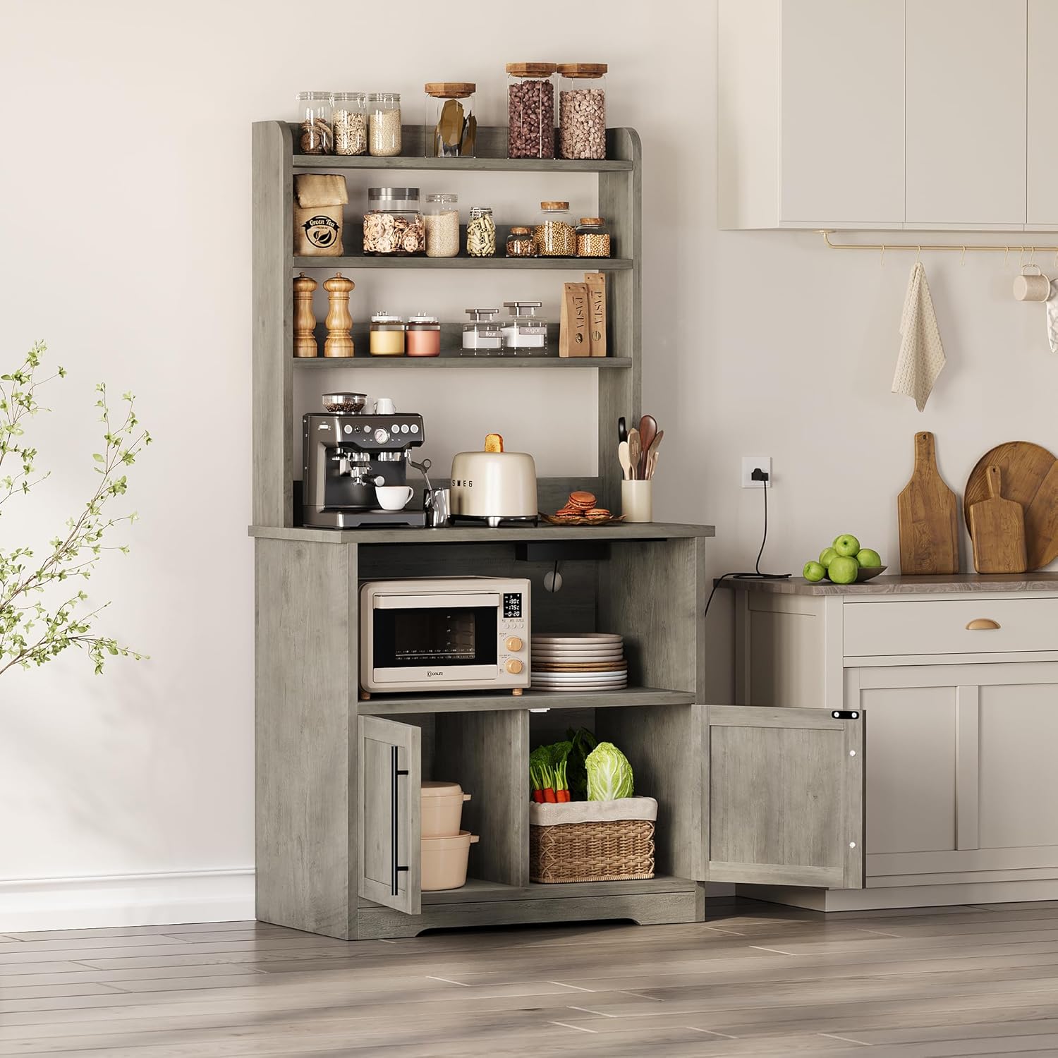 Takywep Kitchen Bakers Rack with Power Outlet, Microwave Oven Stand with Operation Table, Tall Versatile Storage Shelf with Cabinet, Coffee Bar Cabinet for Dining Room, Kitchen, Gray