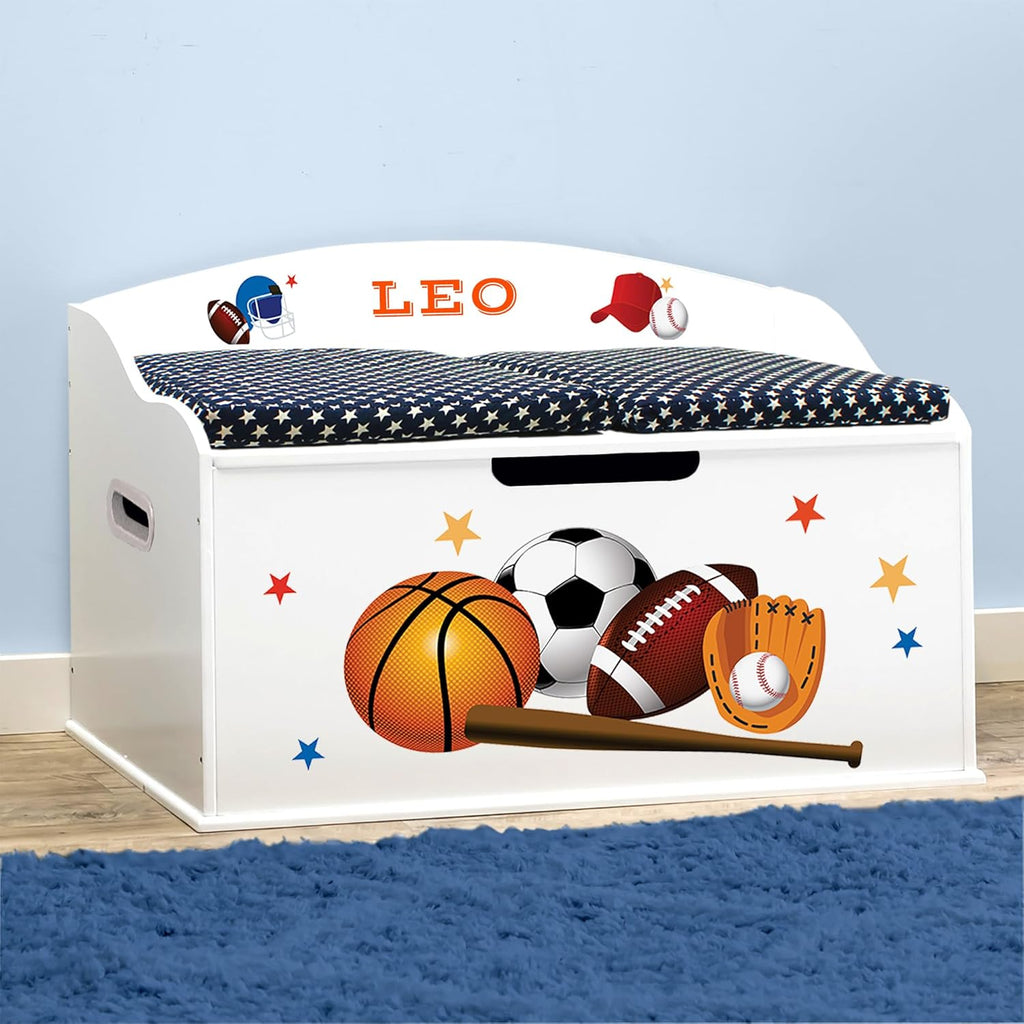 DIBSIES Personalized Creative Wonders Toy Box, Sports, 30 x 19.25 x 18 inches, Soft-Close Lid (White)