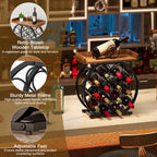X-cosrack 14-Bottle Countertop Wine Rack with Wooden Tabletop, Freestanding Round Metal Wine Bottle Organizer and Display Stand for Kitchen, Pantry, Home Bar and Cabinet