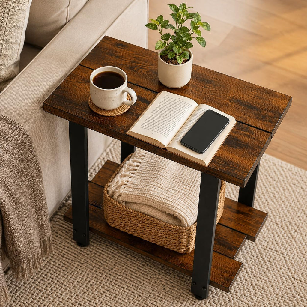 Transitional Narrow End Table, 2-Tier Rustic Side Table with Storage Shelves, Modern Farmhouse Industrial Nightstand for Living Room, Bedroom, Small Spaces, Couch, Rustic Brown