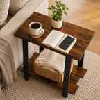 Transitional Narrow End Table, 2-Tier Rustic Side Table with Storage Shelves, Modern Farmhouse Industrial Nightstand for Living Room, Bedroom, Small Spaces, Couch, Rustic Brown