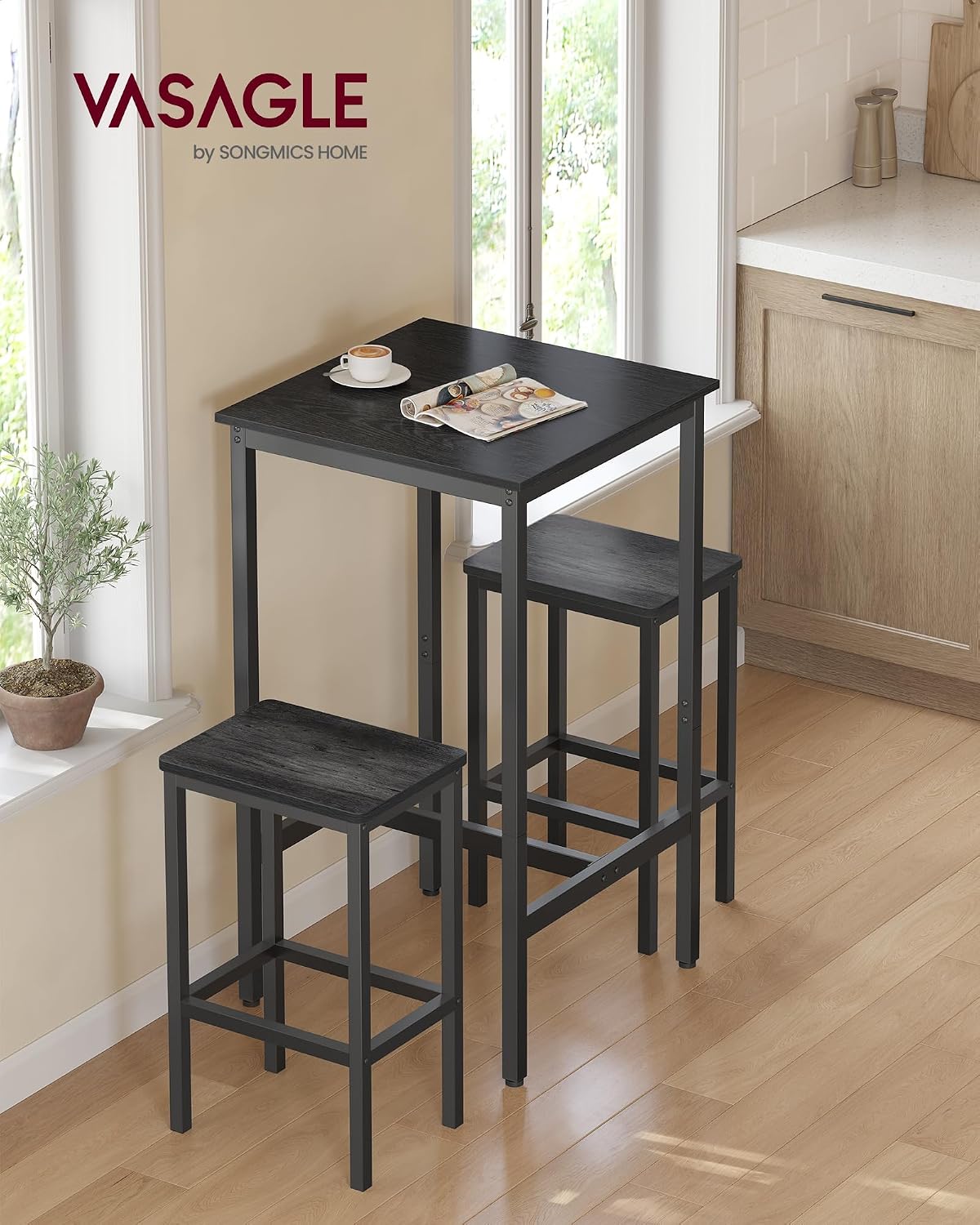 VASAGLE Bar Table, Kitchen Dining Table, High Top Pub Table, Bar Height Cocktail Table for Living Room Party, Sturdy Metal, 23.6 x 23.6 x 41.7 Inches for Narrow Spaces, Ebony Black and Ink Black