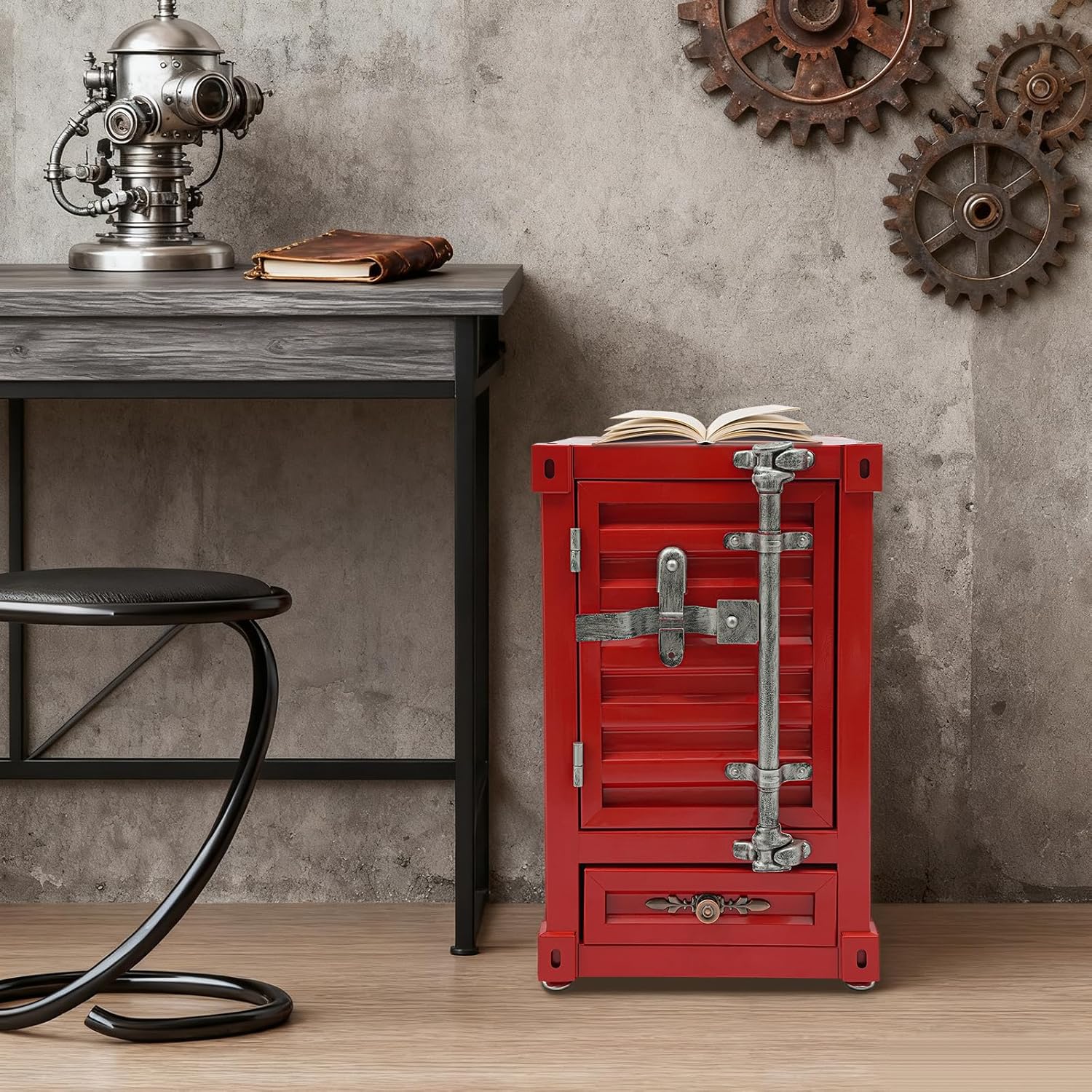 Industrial Wind Bedside Table, End Tables, Container Style Locker Wrought, Iron Bilayer Side Table, Metal Locker Nightstand with Combination Lock for Bedroom, Living Room, Office - Red