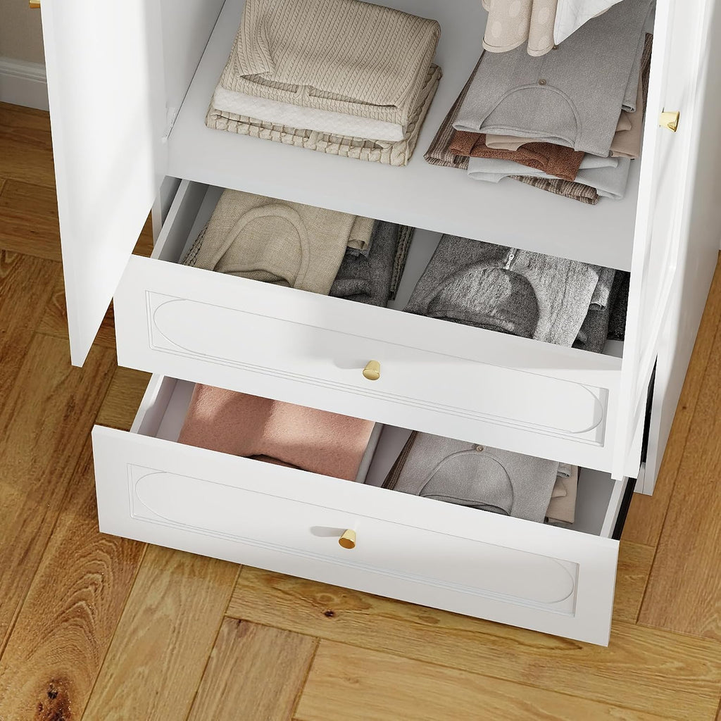 Bedroom Armoire Wardrobe Closet, 75" Tall Wardrobes Closet with 2 Drawers and 2 Doors, Wooden Clothes Cabinets for Bedroom Armoires with Hanging Rod (4-Drawers, 63")