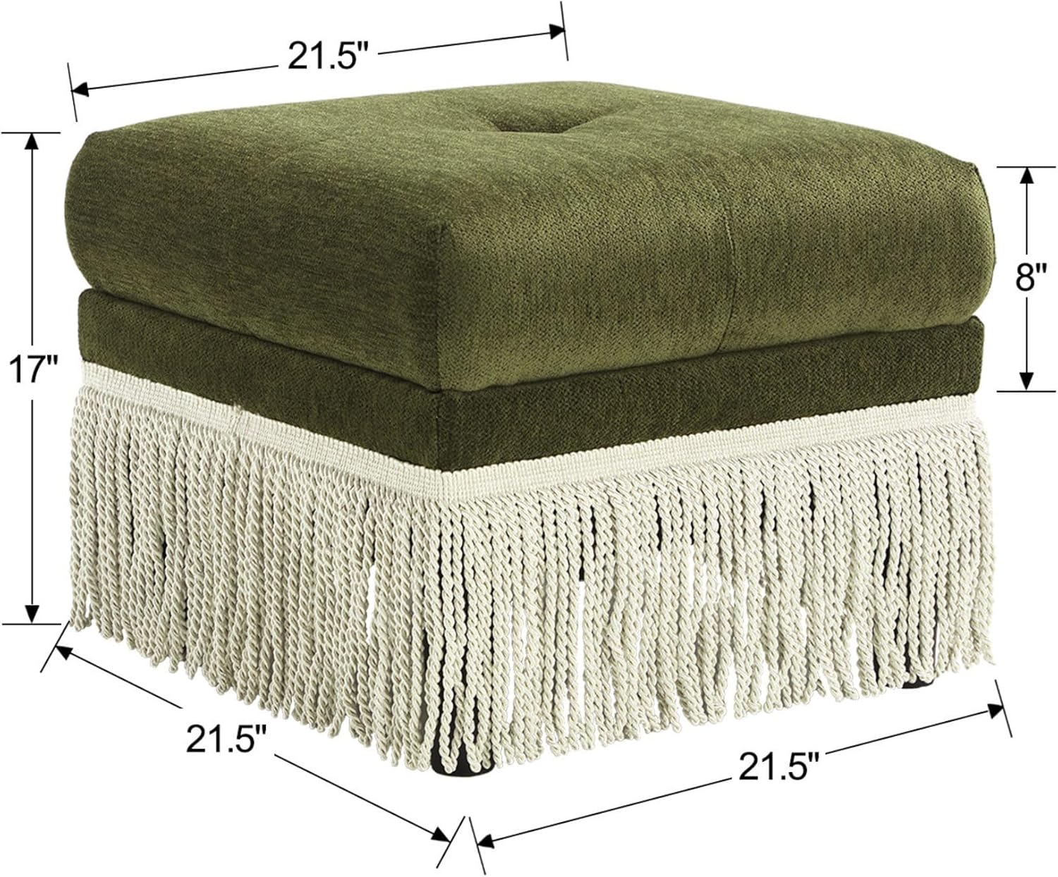 Hyfirm 22 Inch Square Green Ottoman with Fringe for Living Room, Plush Footstool Ottoman for for Bedroom, Modern Boho Upholstered Accent Pouf Ottomans Foot Rest