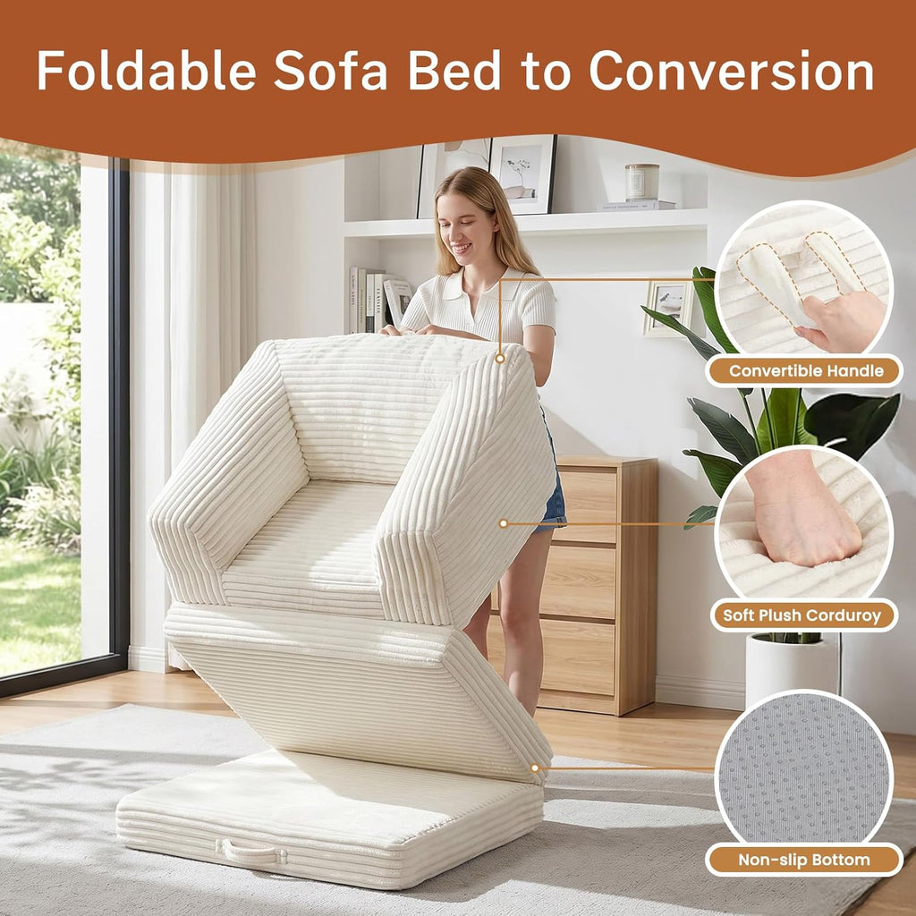 Convertible Boneless Couch Sleeper Sofa Bed, Folding Oversized Bean Bag Couch, Comfy Sofa Chairs for Adults with Filling, Single, Beige