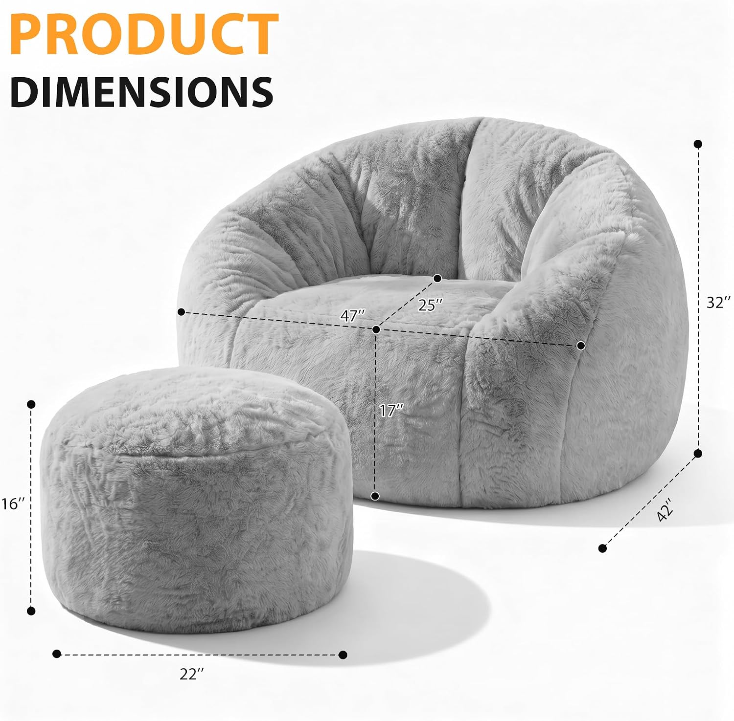 HABUTWAY Bean Bag Chair,Giant Shell-Shaped Bean Bag Couch w/Ottoman,Grey | Oversized Beanbag Chair with High Backrest, Softness and Comfort, No Assembly Required, for Living Room, Bedroom