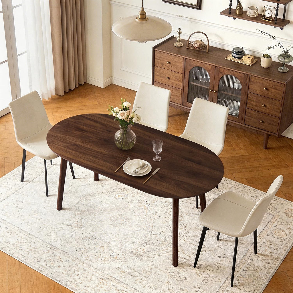 63" Oval Dining Table Set for 4, 5 Piece Modern Dining Table Set for Kitchen and Dining Room, Solid Wood Legs Dining Table with 4 PU Leather Dining Chairs（Walnut Table+4 Beige