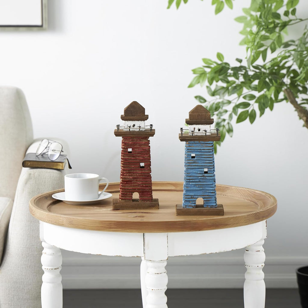 Deco 79 Wood Light House Decorative Sculpture Distressed Home Decor Statues with Blue and Brown Accents, Set of 2 Accent Figurines 5" W, 10" H, Red