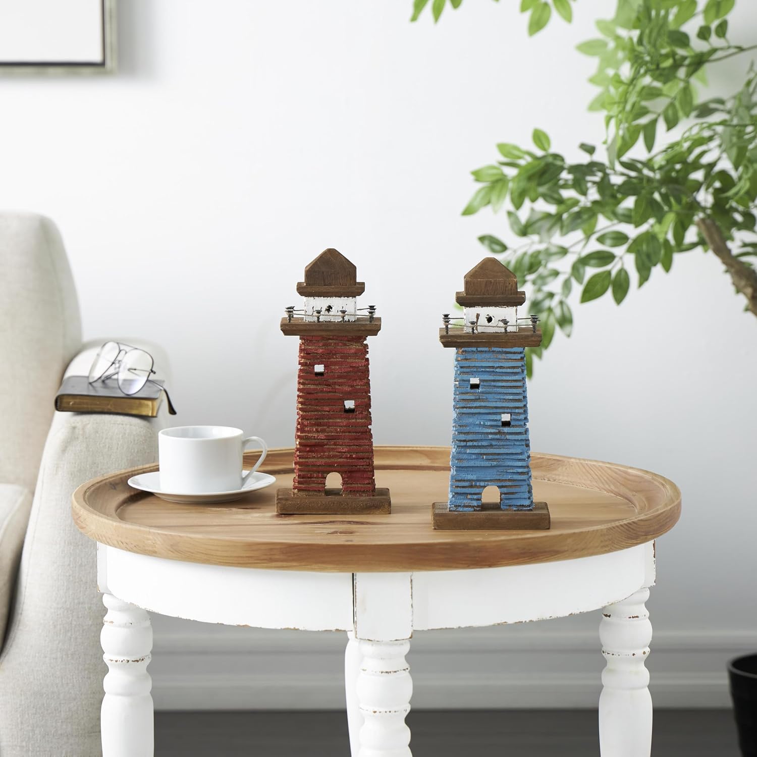 Deco 79 Wood Light House Decorative Sculpture Distressed Home Decor Statues with Blue and Brown Accents, Set of 2 Accent Figurines 5" W, 10" H, Red