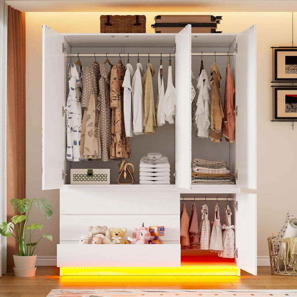 PAKASEPT 3 Doors Armoire Wardrobe Closet, 72.83" H Bedroom Armoires | Clothing Storage Cabinet with Mirror & Lights, 3 Drawers, Hanging Rod & Shelves for Bedroom