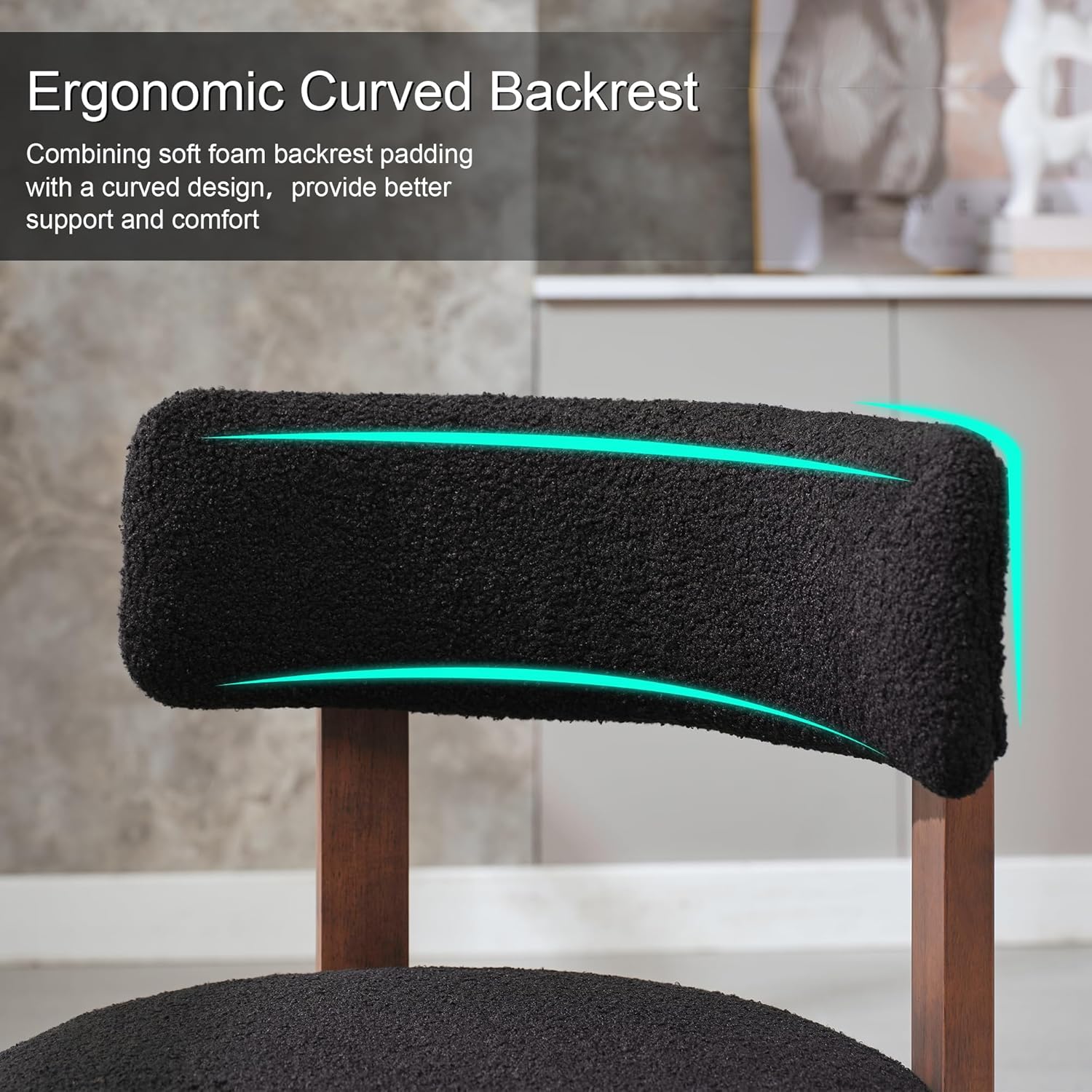 Okeysen Modern Dining Chairs Set of 4, Round Upholstered Armless Kitchen Chairs with Wood Legs Adjustable Foot, Mid Century Boucle Dining Chairs for Dining Room(Black)