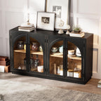 Large Arched Kitchen Sideboard, Wooden Storage Cabinet with Glass Doors with Adjustable Shelves for Kitchen, Dining Room and Bathroom (Black)