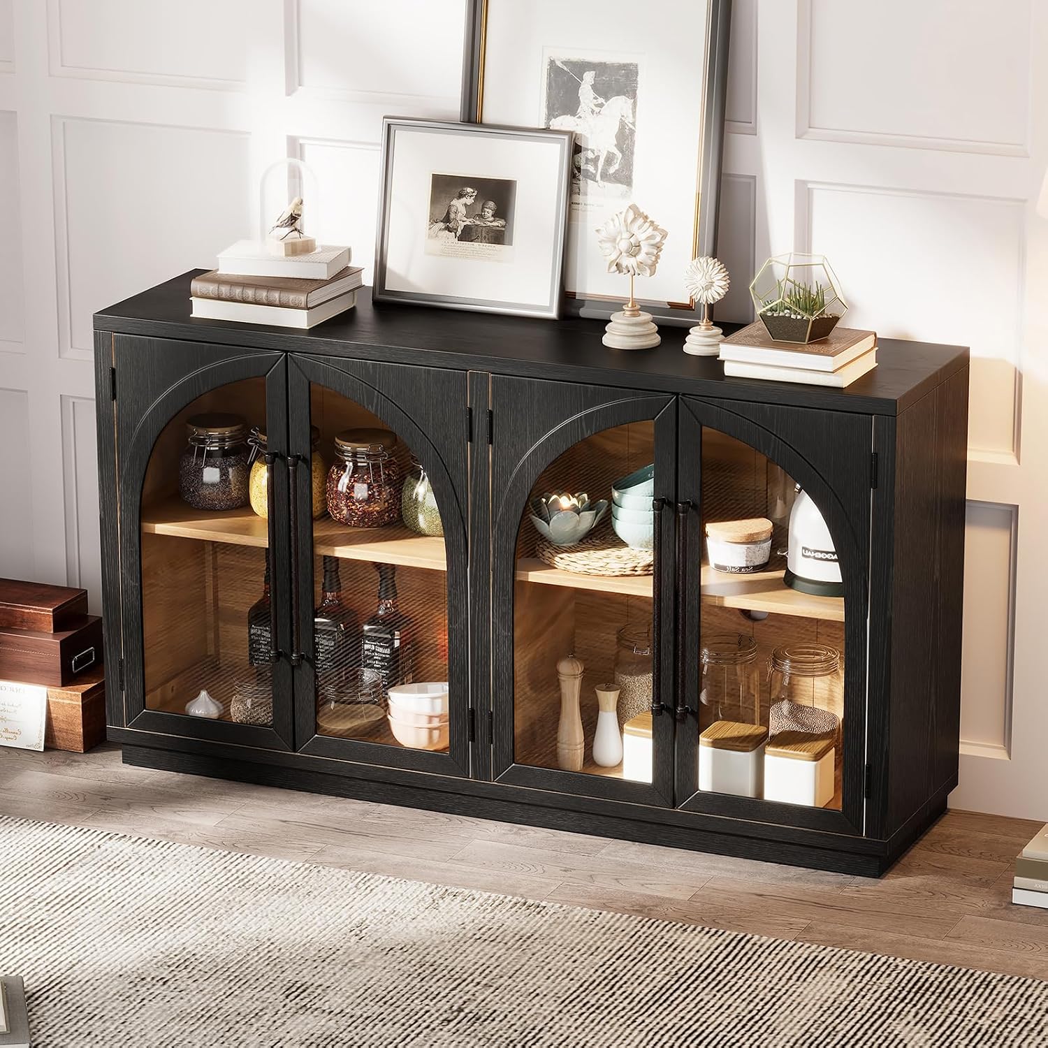 Large Arched Kitchen Sideboard, Wooden Storage Cabinet with Glass Doors with Adjustable Shelves for Kitchen, Dining Room and Bathroom (Black)