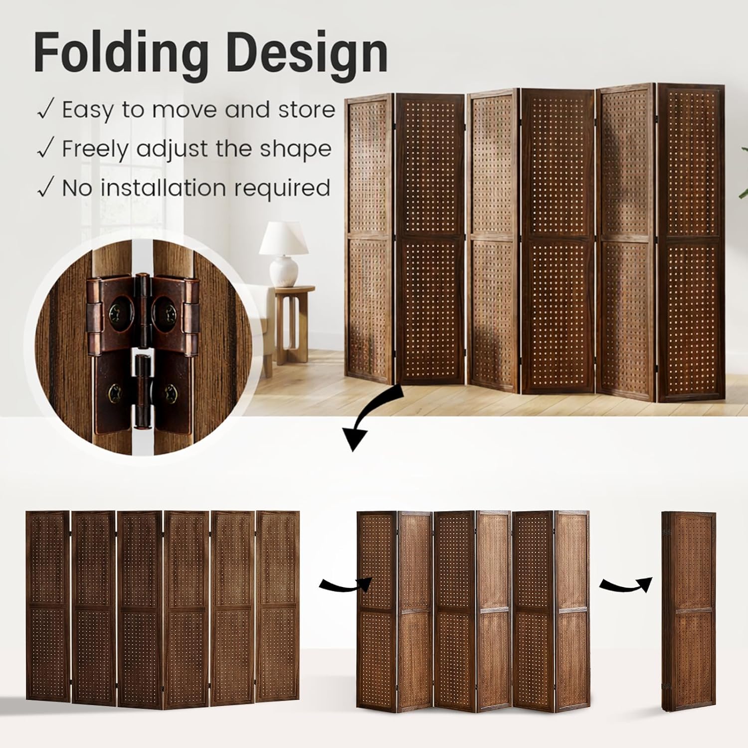 6 Panel Pegboard Room Divider, 5.6 Ft Folding Privacy Screen, Freestanding Wooden Display Board Organizer for Craft Show, Jewelry Display, Bedroom, Office, Brown