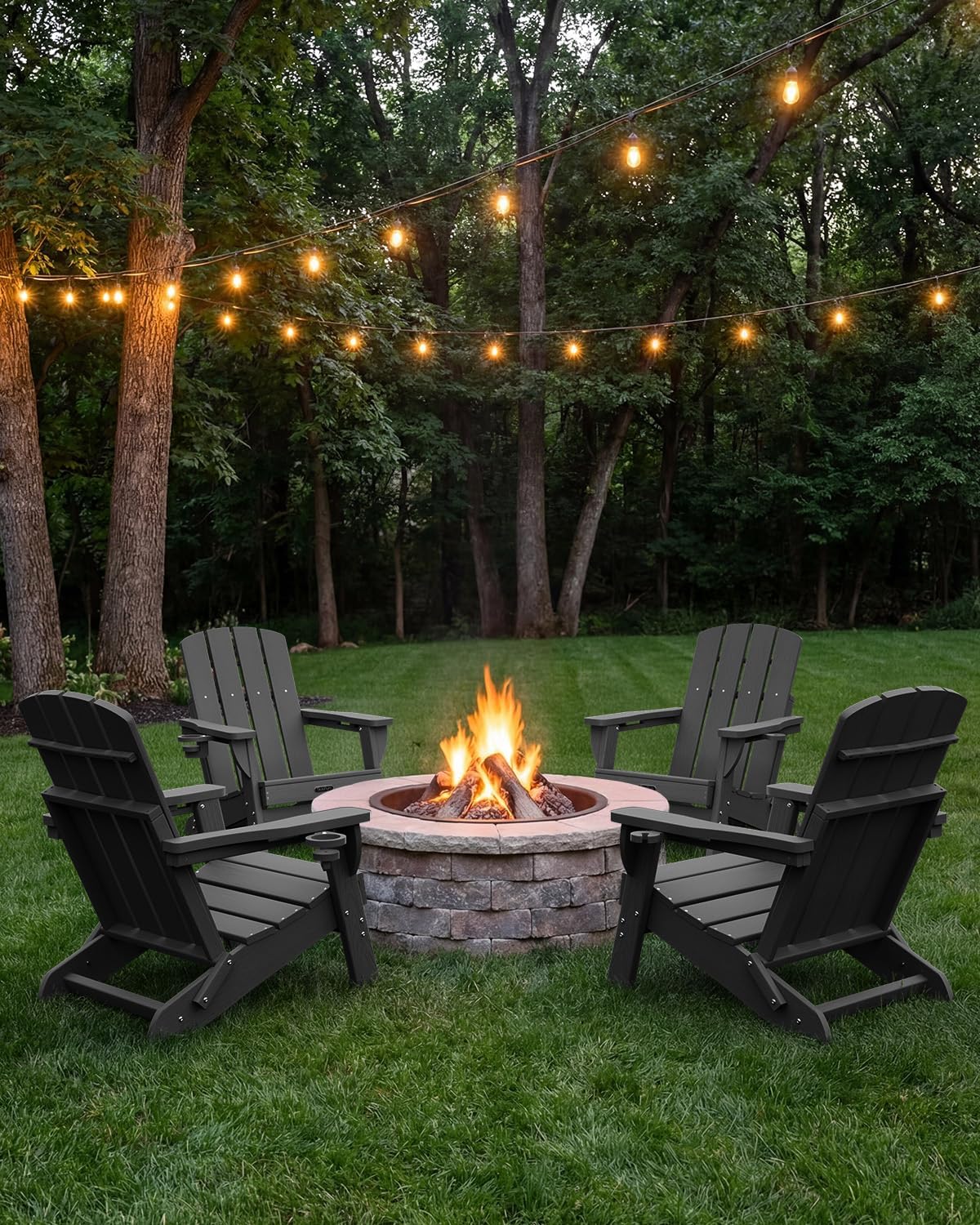 Folding Adirondack Chair, HDPE Adirondack Chairs with 2 Cup Holder, Plastic All-Weather Fire Pit Chairs, Outdoor Lawn Chair for Patio Garden (Black)
