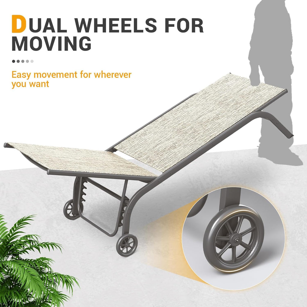 UDPATIO Aluminum Patio Lounge Chairs Set of 2 for Outside with Coffee Table Poolside Chaise Chair with Cushion for Sunbathing 5 Adjustable Position Backrest Outdoor Lounger with Wheels